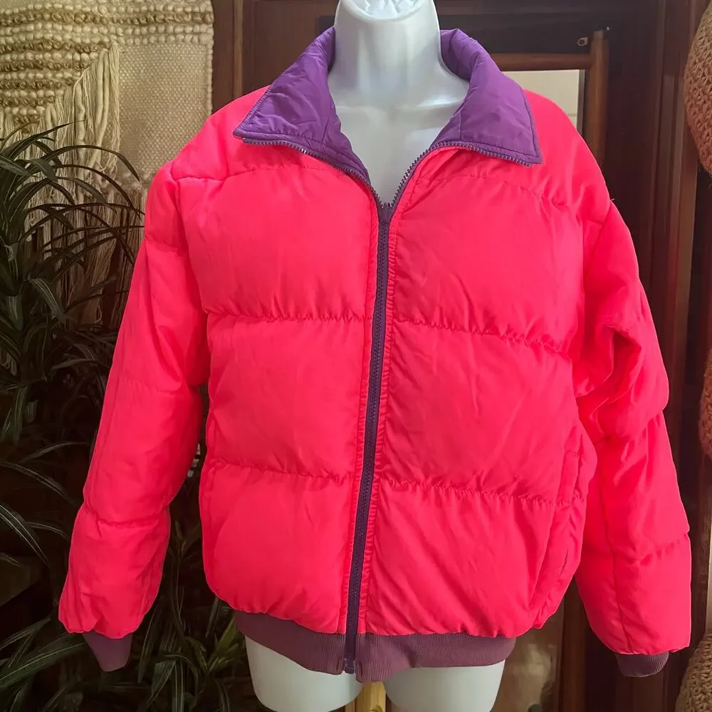 Vintage Columbia Reversible Down Puffer Jacket L Purple Pink 90s Colorblock Coat